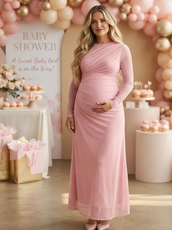 Momyknows Ruched Sheer Grenadine Bodycon Maternity Baby Shower Maxi Dress - Pink - 4