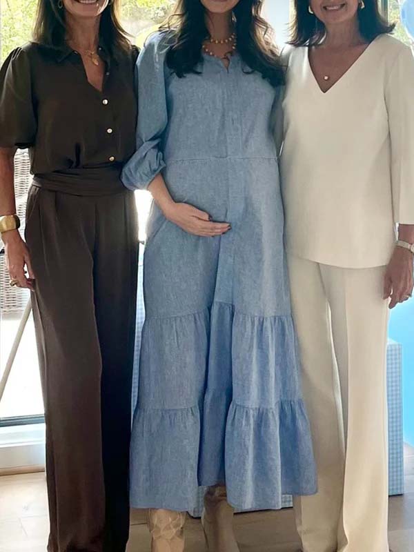 Momyknows Blue Turndown Collar Buttons Ruched Daily Going out Baby Shower Maternity Photoshoot Maxi Dress