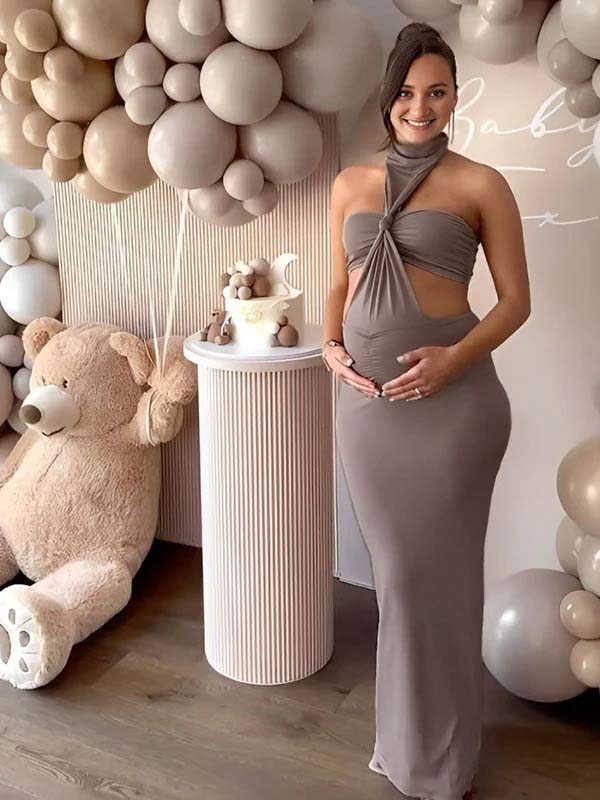 Momyknows Brown Cut Out Twist Ruched Backless Bodycon Elegant Maternity Baby Shower Maxi Dress