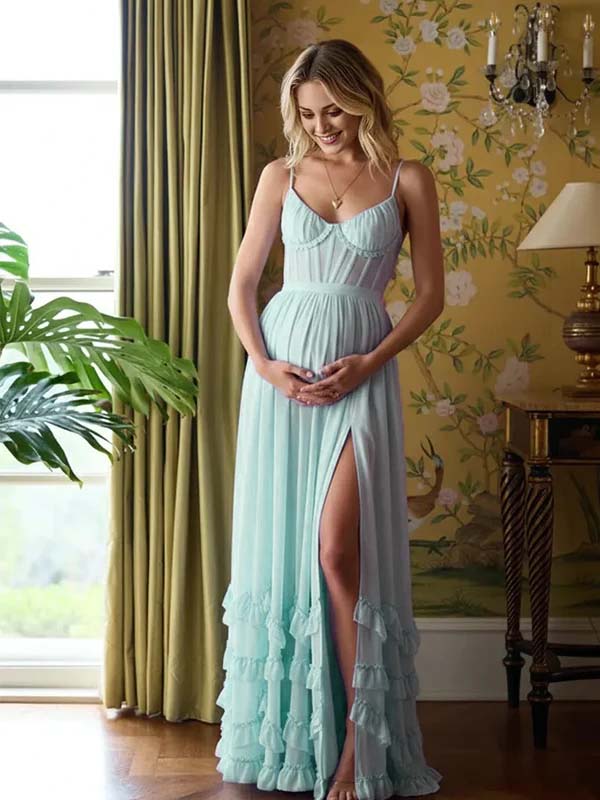 Momyknows Tiered Ruffle Bodice Side Slit Cami Big Swing Boho Maternity Maxi Dress