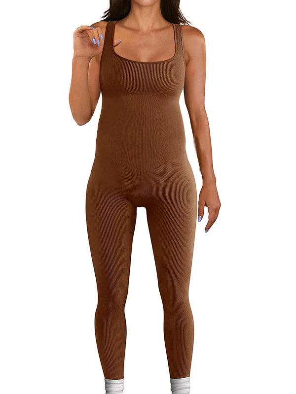 Momyknows Tan Ribbed Knit Square Neck Solid Color Flexible Maternity Jumpsuit