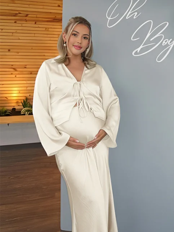 Momyknows Cream White Satin Lace-up Bow Two Piece Set Maternity Maxi Dress