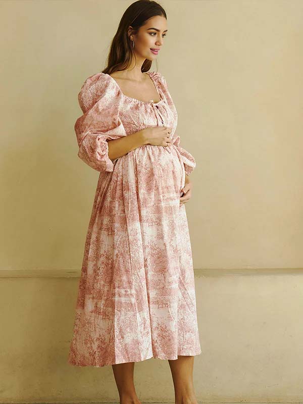 Momyknows Floral Smocked Lace-Up Off Shoulder A-line Maternity Maxi Dress Pink / S Momyknows Floral Smocked Lace-Up Off Shoulder A-line Maternity Maxi Dress Pink / S