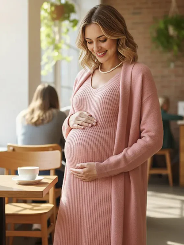 Momyknows Knit Tank Bodycon Maxi Dress And Cardigan Two Piece Set Maternity Outfit Pink / ONE SIZE Momyknows Knit Tank Bodycon Maxi Dress And Cardigan Two Piece Set Maternity Outfit Pink / ONE SIZE