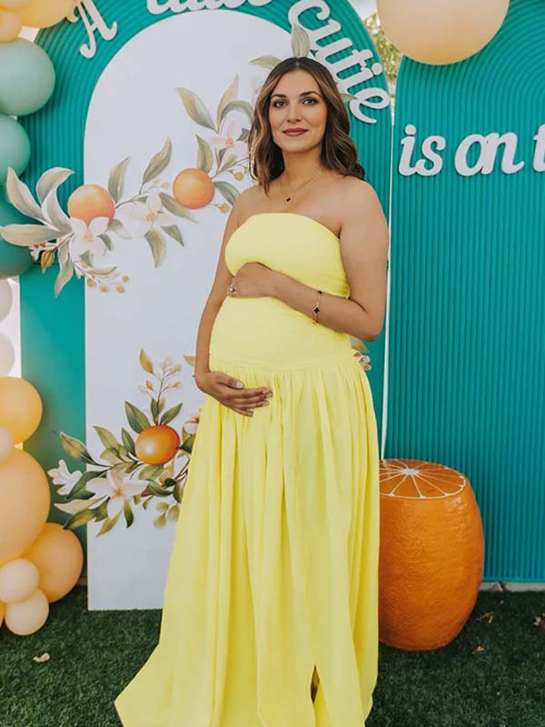 Momyknows Yellow Smocked Big Swing Side Slit Strapless Elegant Maternity Maxi Dress