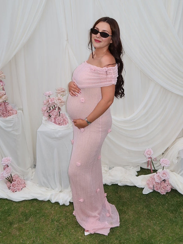 Momyknows Grenadine Off Shoulder 3D Flowers Bodycon Elegant Photoshoot Babyshower Maternity Maxi Dress