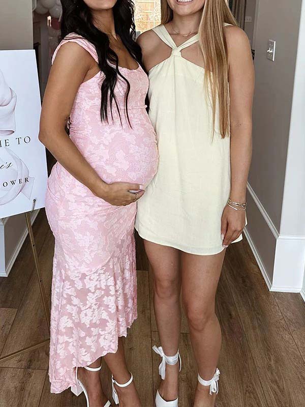 Momyknows Pink Lace Ruched Corset High-low Tank Mermaid Elegant Cocktail Gown Maternity Baby Shower Maxi Dress Pink / XL Momyknows Pink Lace Ruched Corset High-low Tank Mermaid Elegant Cocktail Gown Maternity Baby Shower Maxi Dress Pink / XL