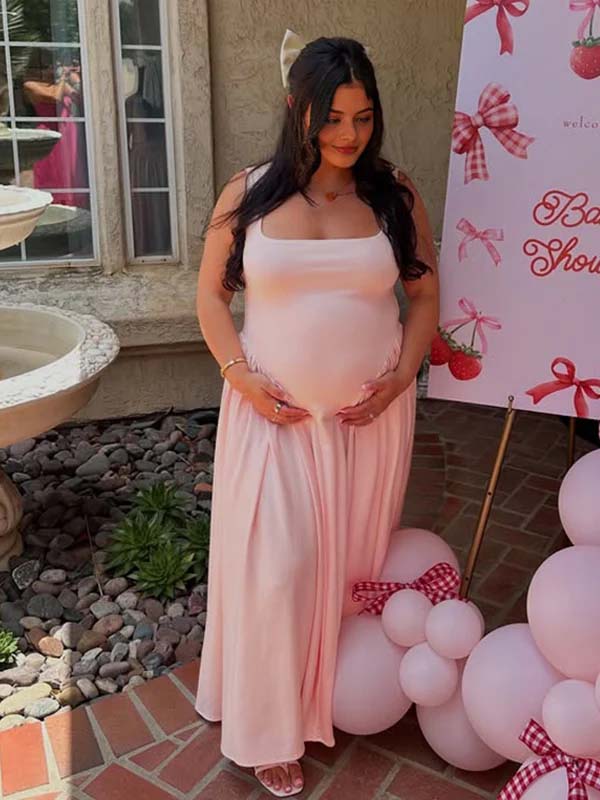 Momyknows Pink Tank Drop Waist Big Swing Elegant Maternity Maxi Dress