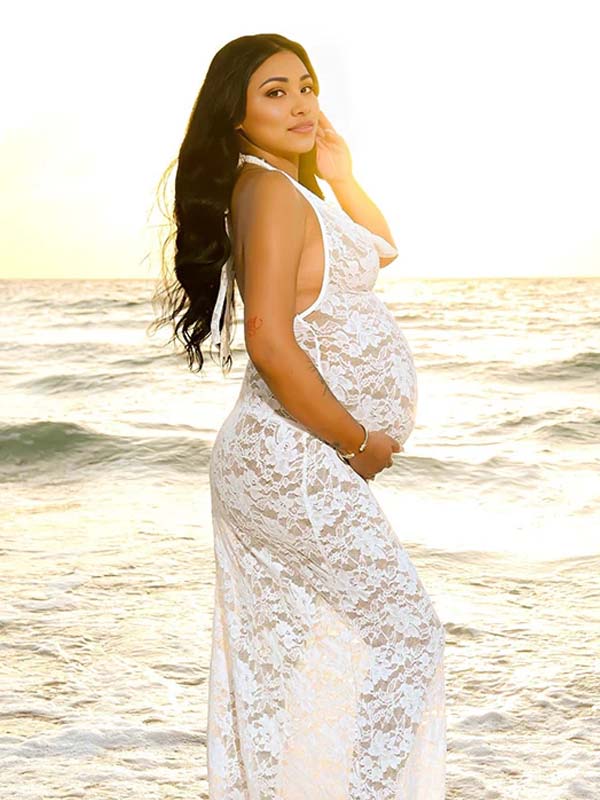Momyknows White Lace Halter Neck Backless Maternity Maxi Dress