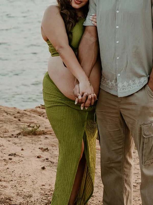 double side slit maxi dress with halter top Halter Embellished Trim Two Piece Maxi Dress Green