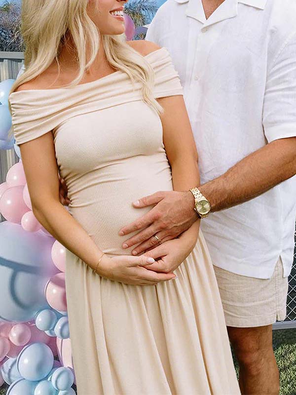 Momyknows Apricot Off Shoulder Ruched Backless Boat Neck Cap Sleeve Splicing Elegant Gender Reveal Maternity Maxi Dress