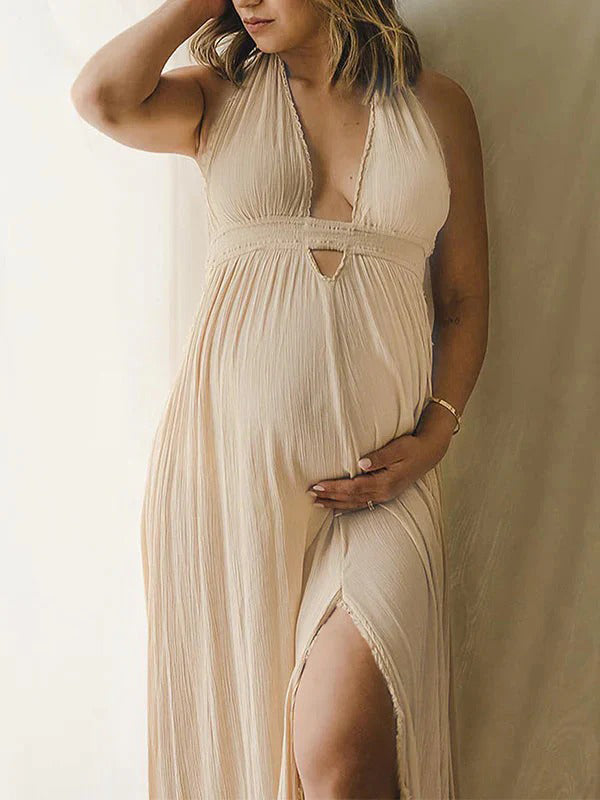 Momyknows Solid Color Cut Out V-Neck Side Slit Backless Tassel Halter Neck Vacation Photoshoot Maternity Maxi Dress Momyknows Solid Color Cut Out V-Neck Side Slit Backless Tassel Halter Neck Vacation Photoshoot Maternity Maxi Dress
