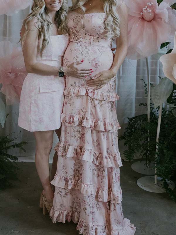 Momyknows Pink Print Side Slit Ruffle Maternity Baby Shower Maxi Dress