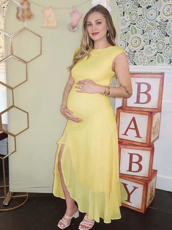 Momyknows Yellow Mesh Ruffle One Shoulder Side Slit Maternity Maxi Dress