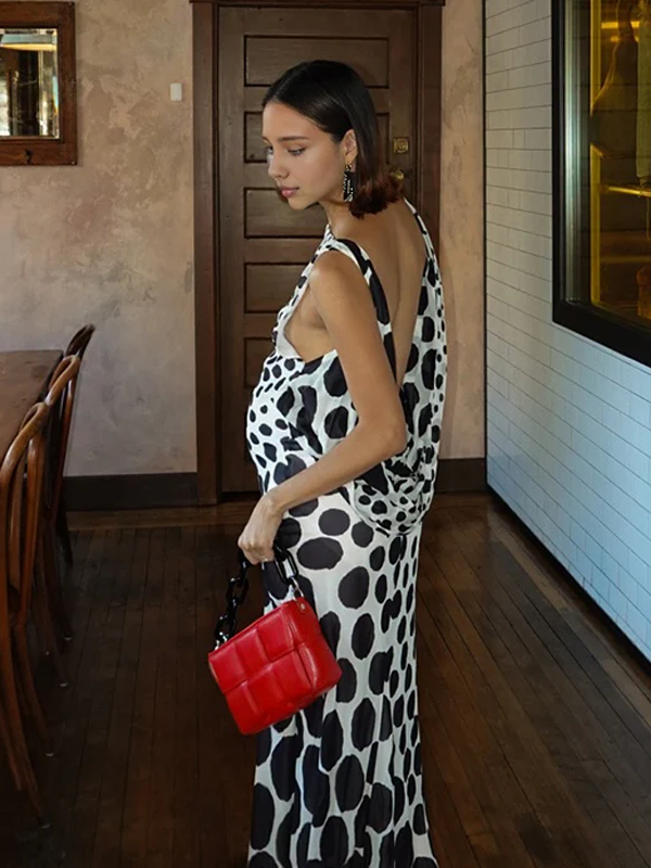 Momyknows Black Polka Dots Backless Ruched Maternity Photoshoot Maxi Dress
