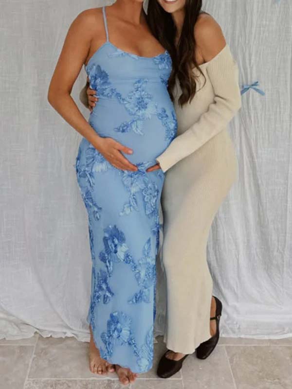 Momyknows Blue Floral Tie Shoulder Strap Cami Bodycon Maternity Maxi Dress