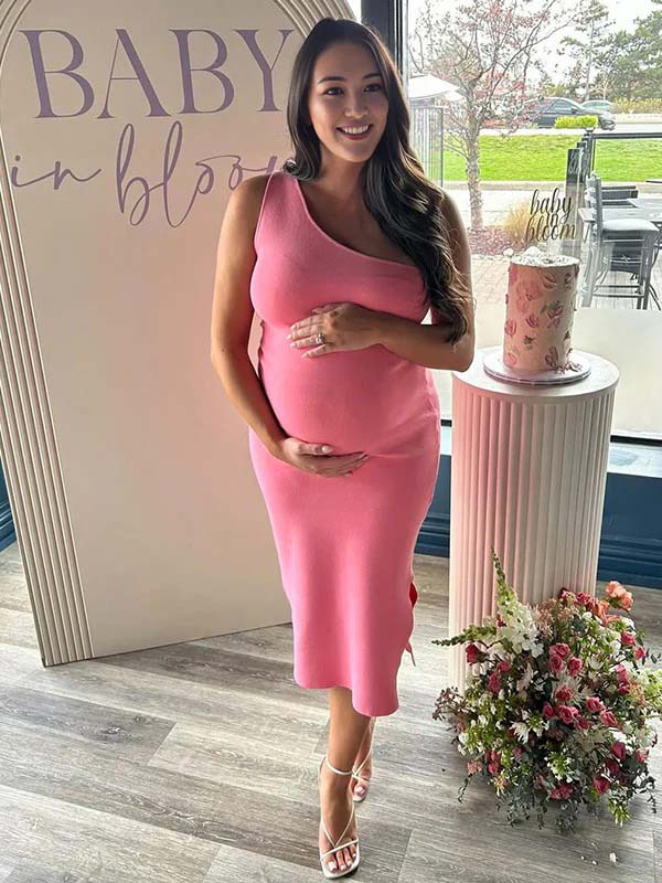 Pink Ruched One Shoulder Side Slit Maternity Baby Shower Maxi Dress Momyknows Pink Ruched One Shoulder Side Slit Maternity Baby Shower Maxi Dress Momyknows
