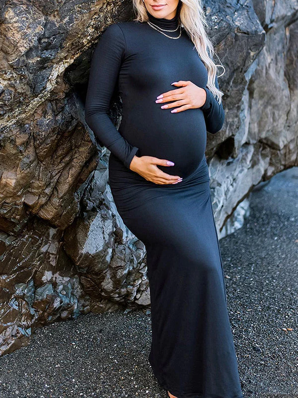 Momyknows Black High Neck Side Slit Bodycon Long Sleeve Baby Shower Maternity Maxi Dress Black / S Momyknows Black High Neck Side Slit Bodycon Long Sleeve Baby Shower Maternity Maxi Dress Black / S
