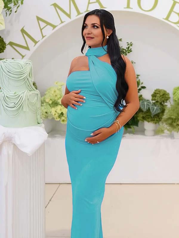 Momyknows Ruched One Shoulder Draped Back Slit Elegant Maternity Maxi Dress Momyknows Ruched One Shoulder Draped Back Slit Elegant Maternity Maxi Dress