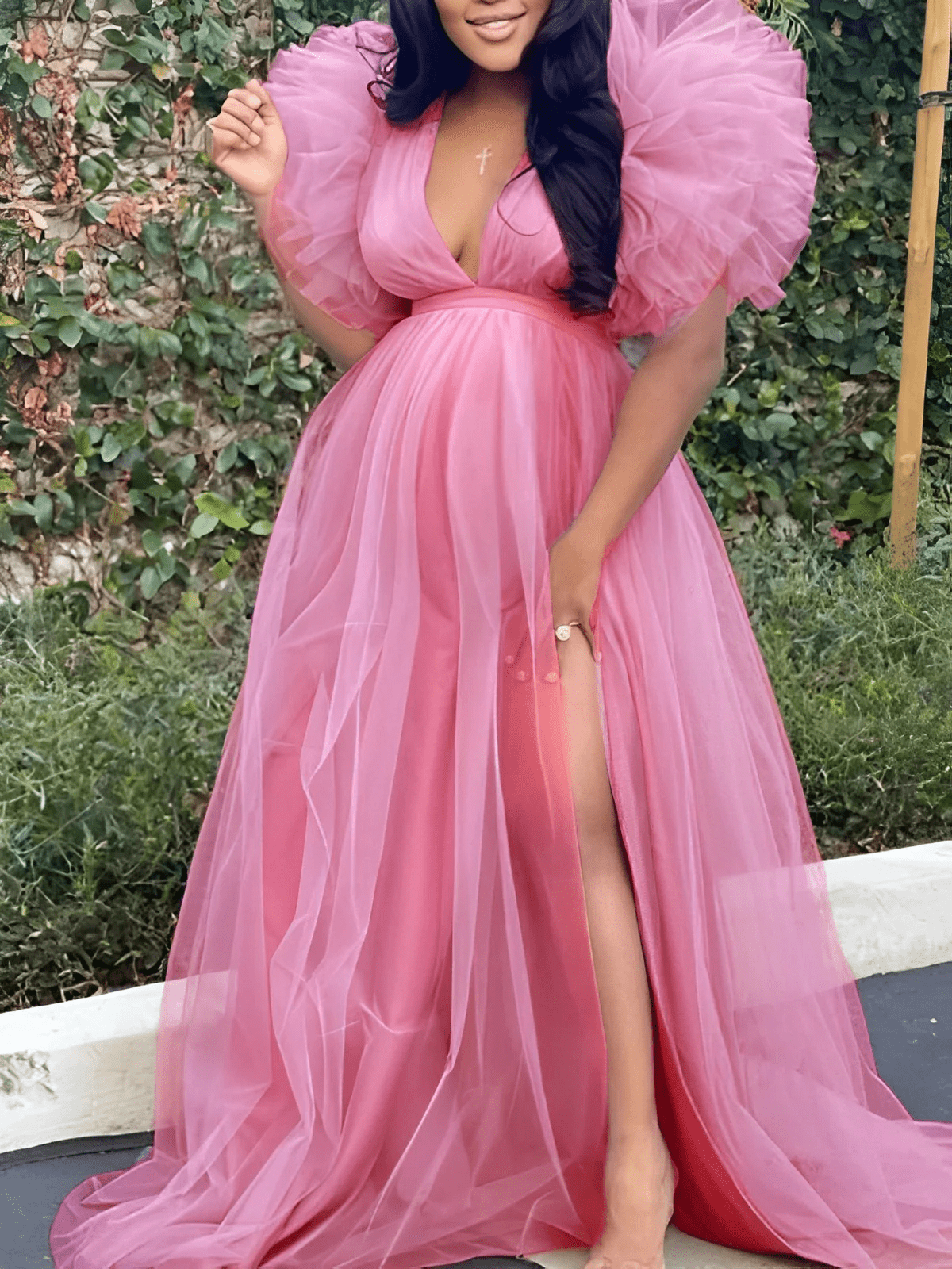 plus size maternity maxi dress Green Chiffon Long Sleeve Pleated PinkBlush and a hook and hidden zipper back closure Blushing Pink V-neck Long Sleeves