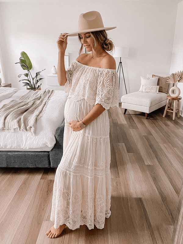 Momyknows White Off Shoulder Lace Tiered Boat Neck Flowy Elegant Western Maternity Photoshoot Maxi Dress, White / M