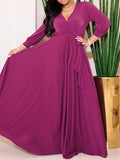 Momyknows Plus Size V-neck Sashes Solid Color Big Swing Elegant Maternity Dress
