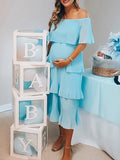 Momyknows Off Shoulder Belly Friendly Tiered Ruffle Pleated Boat Neck Babyshower Maternity Maxi Dress