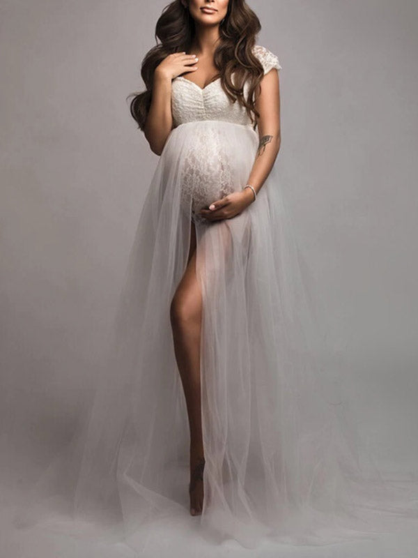 Momyknows Lace Mesh Patchwork V-neck Side Slit maternity photoshoot dress