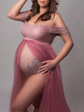Momyknows Lace Mesh Patchwork V-neck Side Slit maternity photoshoot dress
