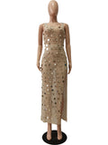 Momyknows Beige Sequin Side Slit Fishnet Mesh Sheer Beach Cover Up Club Chic Photoshoot Baby Shower Maternity Maxi Dress