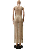 Momyknows Beige Sequin Side Slit Fishnet Mesh Sheer Beach Cover Up Club Chic Photoshoot Baby Shower Maternity Maxi Dress