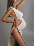 Momyknows Apricot Belly Friendly Cut Out Side Slit Oblique Shoulder Photoshoot Babyshower Banquet Maternity Maxi Dress