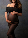 Momyknows Black Off Shoulder Mesh Sheer Bodycon Elegant Photoshoot Gown Maternity Maxi Dress