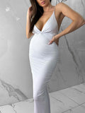 Momyknows White Spaghetti Straps Ruched Backless Bodycon Deep V-neck Elegant Gowns Baby Shower Maternity Maxi Dress