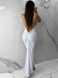 Momyknows White Spaghetti Straps Ruched Backless Bodycon Deep V-neck Elegant Gowns Baby Shower Maternity Maxi Dress