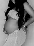 Momyknows Grey 2 Pieces Tube Mesh Tie Slit Drawstring Chic Bodycon Photoshoot Baby Shower Maternity Maxi Dress