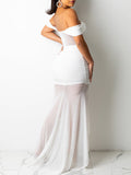 Momyknows Off Shoulder Belly Friendly Sheer Side Slit Ruched Mesh Babyshower Maternity Maxi Dress