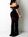 Momyknows Off Shoulder Belly Friendly Sheer Side Slit Ruched Mesh Babyshower Maternity Maxi Dress