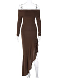 Momyknows Off Shoulder Belly Friendly Long Sleeve Falbala Side Slit Babyshower Maternity Maxi Dress