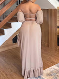 Momyknows Irregular Cut Out Side Slit Ruffle Off Shoulder Big Swing Elegant Beach Vacation Maternity Photoshoot Baby Shower Party Maxi Dress