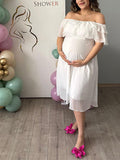 Momyknows White Off Shoulder Ruffle Chiffon Flowy Elegant Baby Shower Photoshoot Maternity Maxi Dress