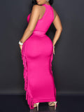 Momyknows Tassel Two Piece Halter Neck Belly Friendly Bodycon Sleeveless Babyshower Maternity Maxi Dress