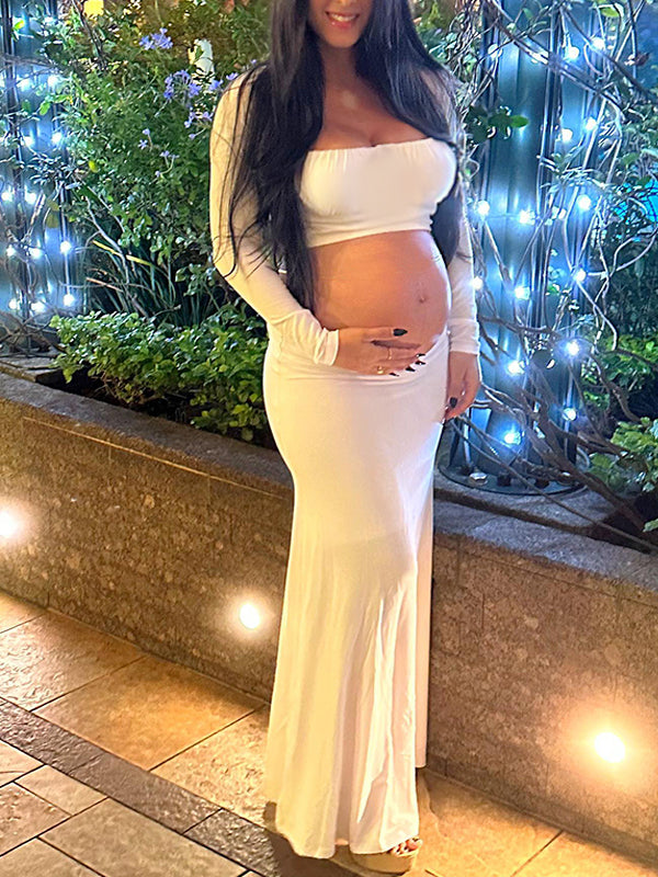 Momyknows White Belly Friendly 2 Piece Bandeau Open Belly Babyshower Maternity Maxi Dress
