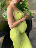 Momyknows Green Spaghetti Strap Backless Elegant Baby Shower Maternity Maxi Dress