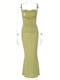 Momyknows Green Spaghetti Strap Backless Elegant Baby Shower Maternity Maxi Dress
