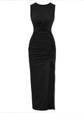 Momyknows Black Cut Out Crop Side Slit Ruched Drawstring Bodycon Chic Daily Going Out Maternity Photoshoot Baby Shower Party Maxi Dress