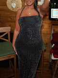 Momyknows Black Backless Halter Neck Cross Back Bodycon Going Out Party Baby Shower Maternity Maxi Dress