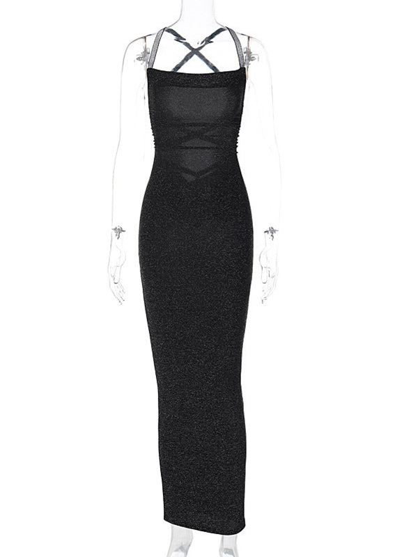 Momyknows Black Backless Halter Neck Cross Back Bodycon Going Out Party Baby Shower Maternity Maxi Dress