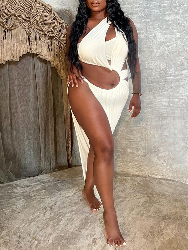 Momyknows Irregular Ruched Cut Out Crop Side Slit Backless One Shoulder Bodycon Chic Beach Vacation Maternity Photoshoot Baby Shower Party Maxi Dress