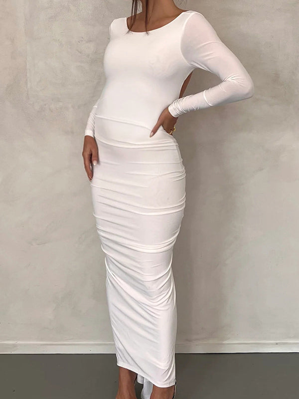 Momyknows Backless Ruched Long Sleeve Fashion Bodycon Photoshoot Baby Shower Maternity Maxi Dress